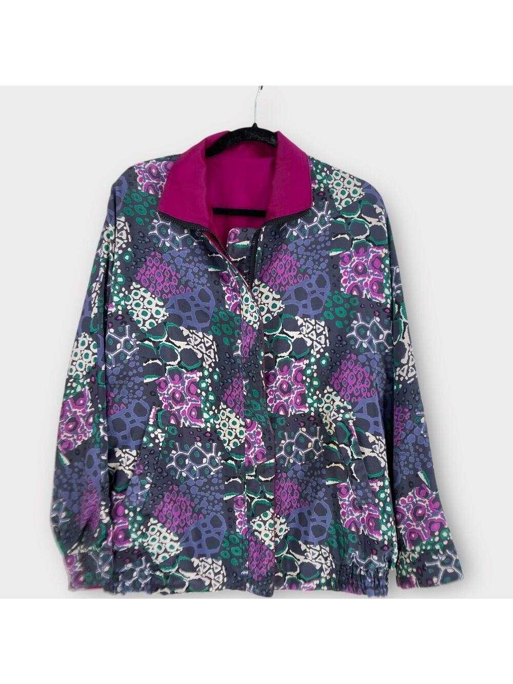 Vintage 80s Silk Reversible Jacket Funky Geometric Solid Fuschia Pink Oversized